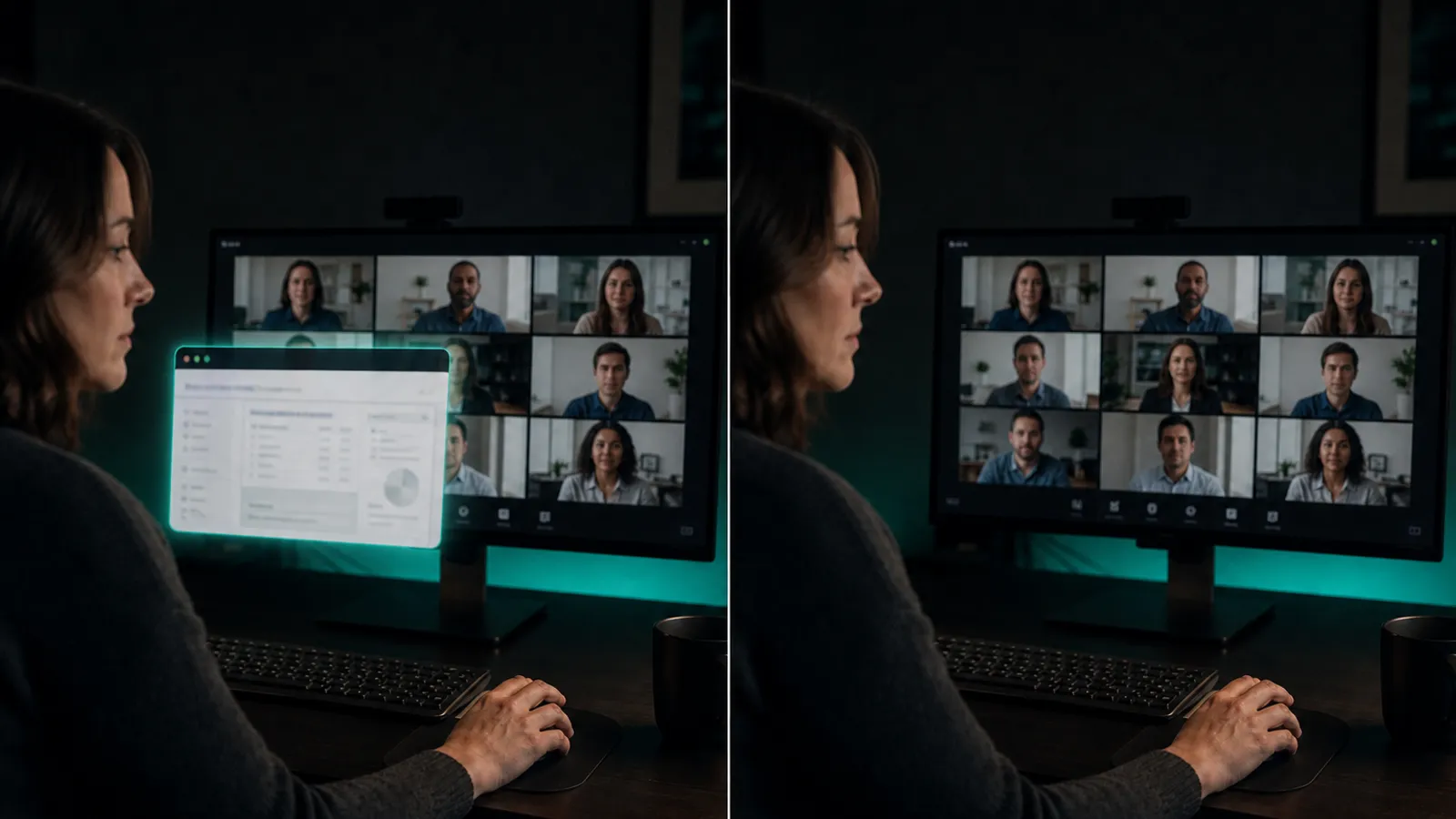 The same desk shown twice: on the left the Shadow Browser window glows on the monitor, on the right the identical screen recording shows no trace of it